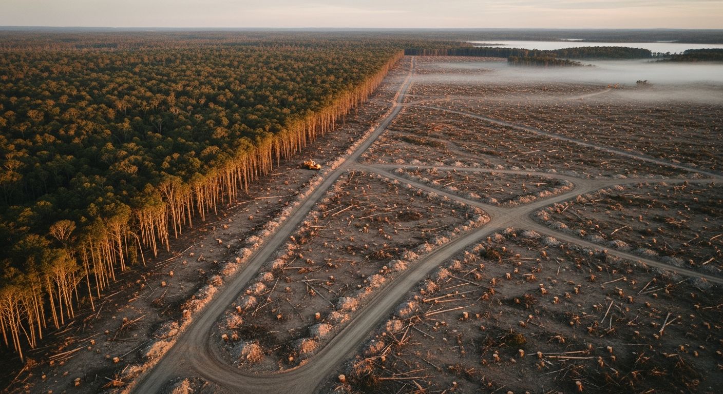 Aerial view of deforestation at the edge of a rainforest