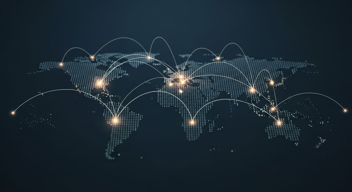 A dark world map with glowing nodes connecting cities