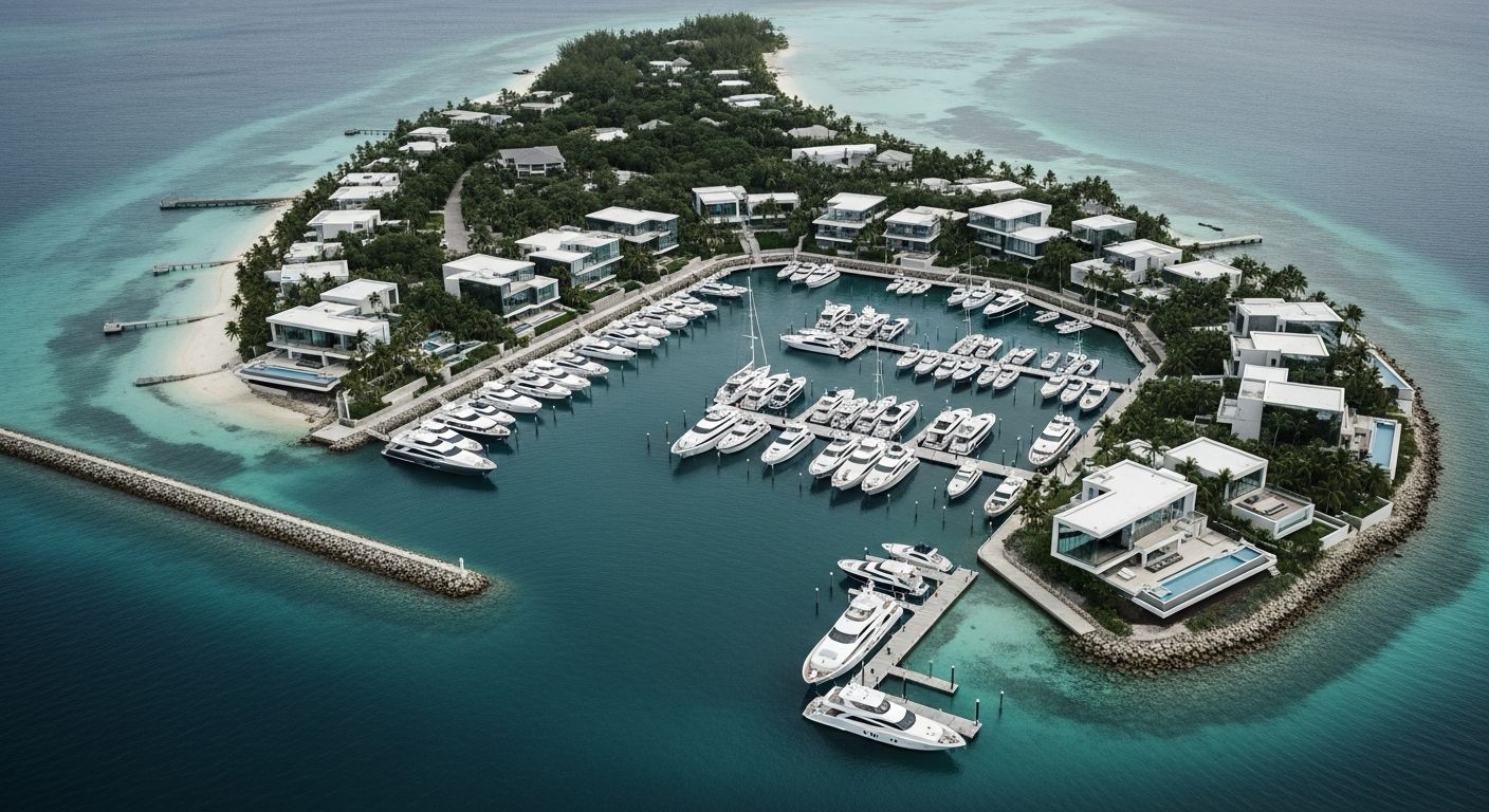 Aerial view of a marina full of luxury yachts
